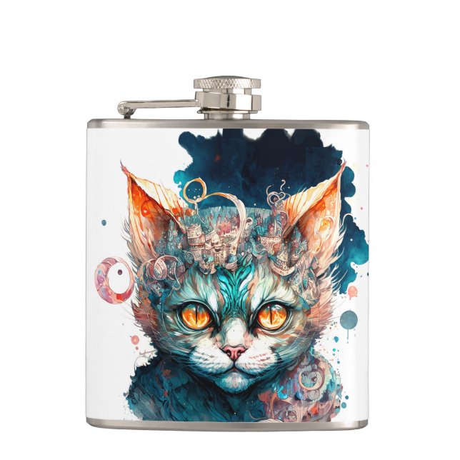 Petaca Watercolor cat en estilo steampunk (Anverso)