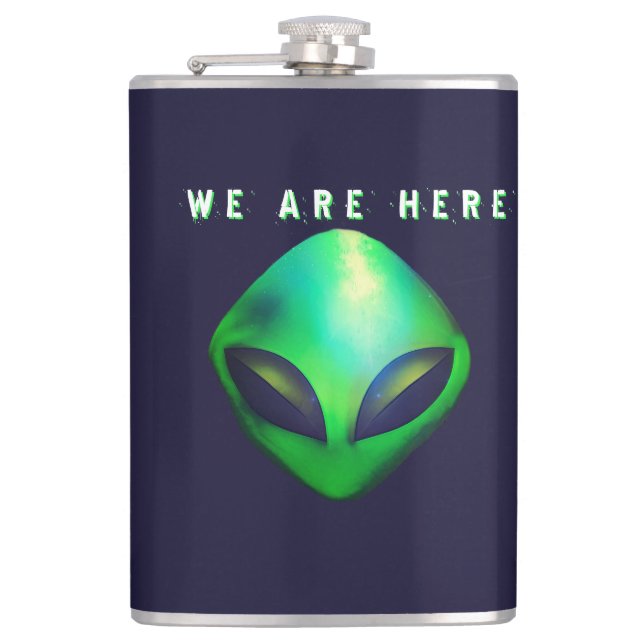 Petaca "We Are Here" Green Alien head (Anverso)