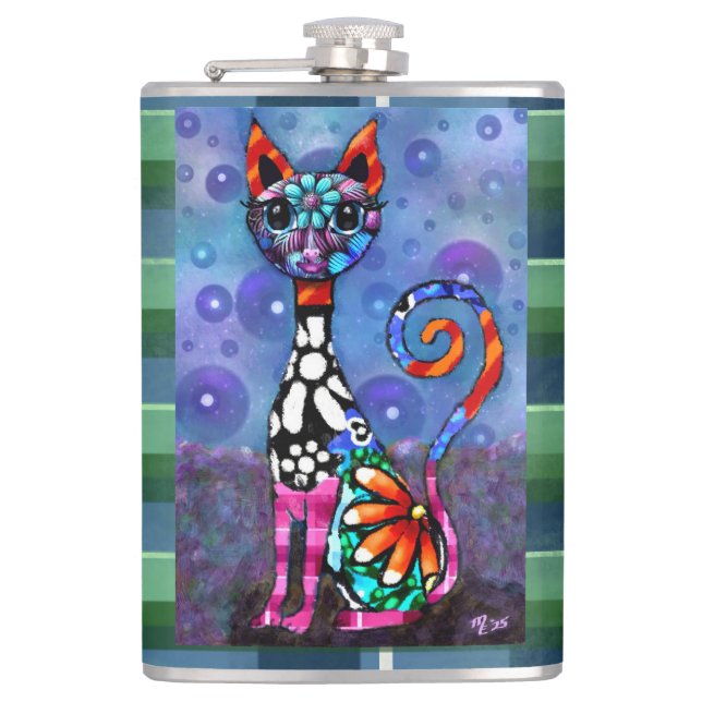 Petaca Whimsical Big-Eyed Funky Abstract Kitty Cat (Anverso)