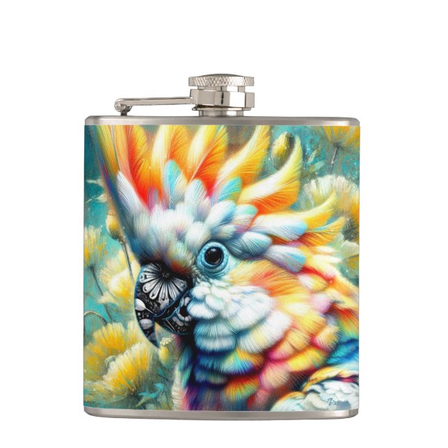 Petaca Whimsical Cockatoo Ave Amarillo Poppies Floral (Anverso)