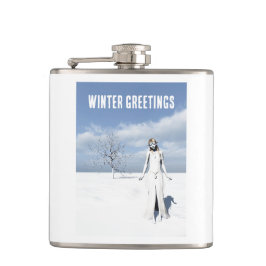 Petaca Winter Greetings. Female elf walking in the snow