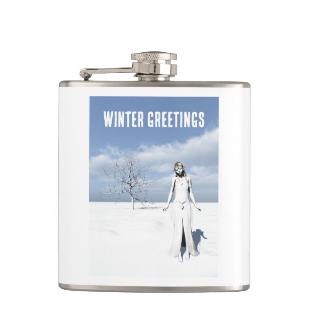 Petaca Winter Greetings. Female elf walking in the snow  (Anverso)