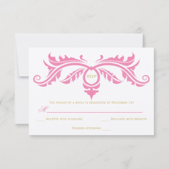 Petal Pink and Gold Scroll on Ivory RSVP Card (Anverso)