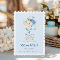 Petales azules e invitación a la novia del Prosecc