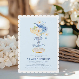 Petales azules e invitación a la novia del Prosecc