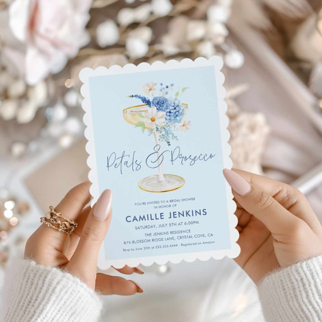 Petales azules e invitación a la novia en el jardí (Blue Petals and Prosecco Bridal Shower Invitation)