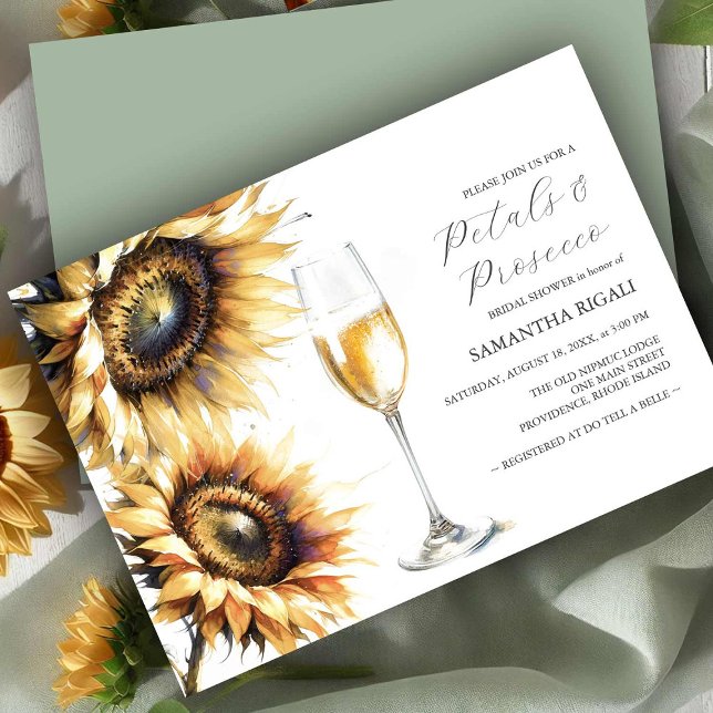 Petales de girasol y ducha de novia de Prosecco in (Bridal shower invitations watercolor sunflowers and Prosecco by Victoria Grigaliunas DoTellABelle)