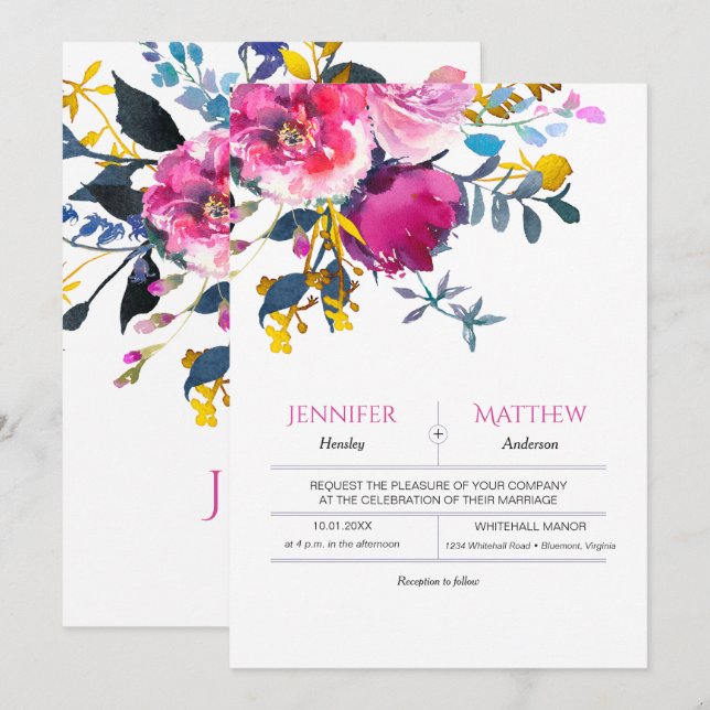 Petales en flor acuarela Invitación a matrimonio f (Anverso / Reverso)