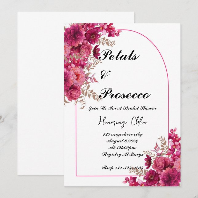 PETALES Y PROSECCO INVITACIÓN DE DUCHA BRIDAL, ROS (Anverso / Reverso)