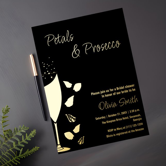 Petales y Prosecco Invitación elegante de oro negr (Subido por el creador)