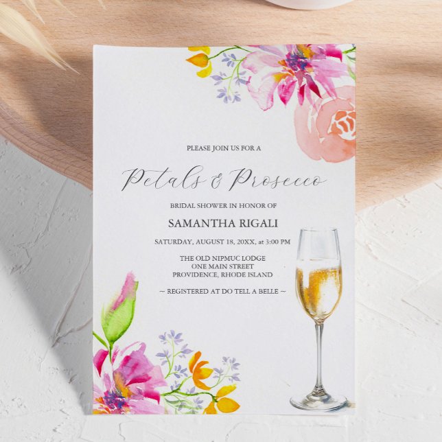 Petales y Prosecco invitaciones a duchas de novias (bridal shower invitations pink floral watercolor art petals and Prosecco by Victoria Grigaliunas)