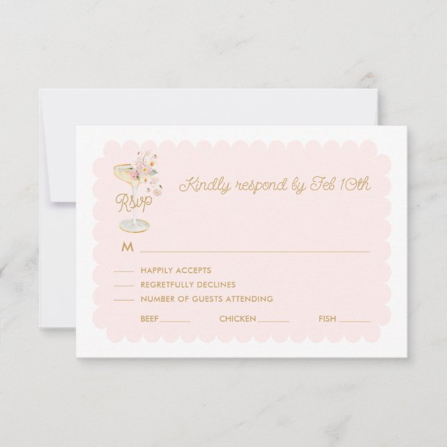 Pétalos rosados y tarjeta RSVP Prosecco (Anverso)