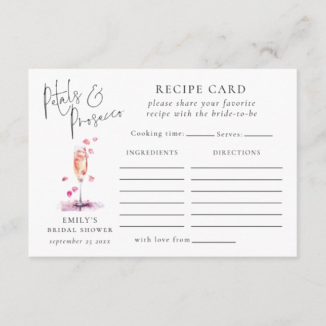 Pétalos y recetas Prosecco Tarjeta Ducha de Novias (Anverso)