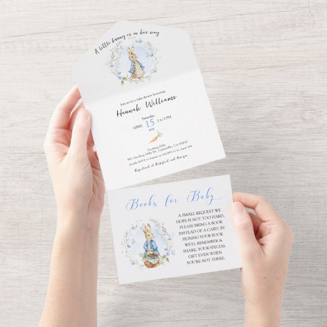 Peter Rabbit Baby Boy Invitar + Tarjeta de Libros (desgarro)