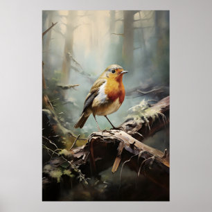 Petirrojo pájaro en impresión de pared de bosque, 