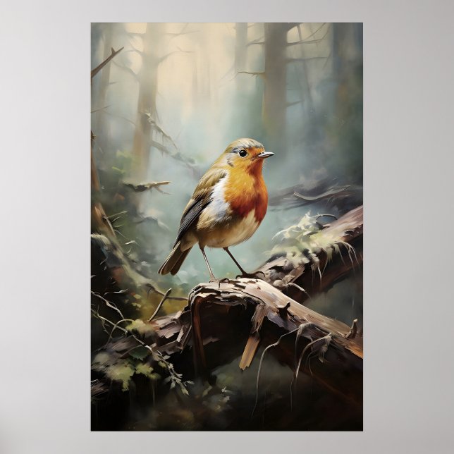 Petirrojo pájaro en impresión de pared de bosque,  (Frente)