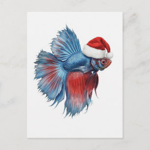 Pez Betta con Sombrero de Santa Acuarela Navidad