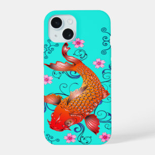 Pez koi oriental naranja turquesa floral elegante 