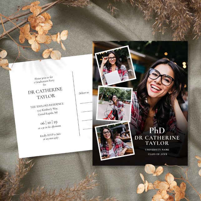 PhD Grado 4 Invitación a una fiesta de graduación  (PhD Degree 4 Photo Graduation Party Invitation Postcard)