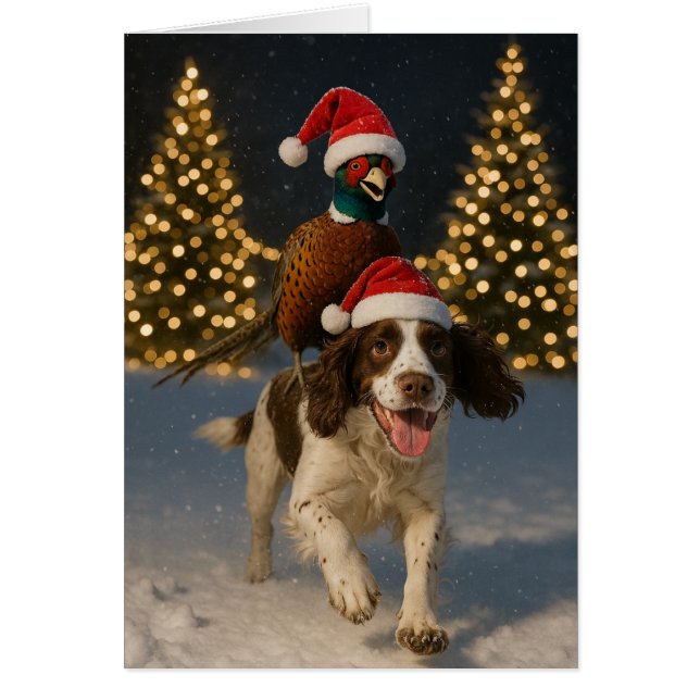 Pheasant riding Springer Spaniel Christmas card (Frente)