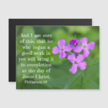 Philippians 1:6 Tarjeta magnética de flores silves