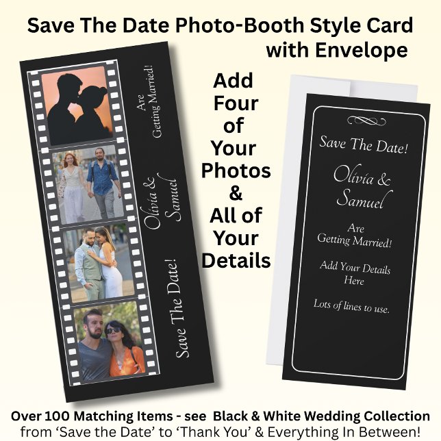 Photo Booth Style Save The Date  Black White Card (Subido por el creador)