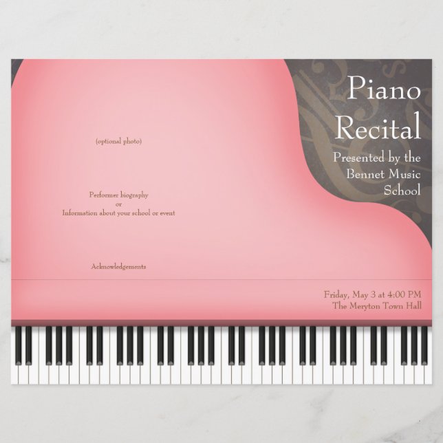Píano rosado plegado de piano o programa de recita (Anverso)