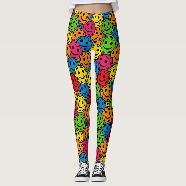 Pickleball Happy Retro Smiley Pattern Leggings (Anverso)