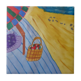 Picnic En La Azulejos De La Playa De Cerámica