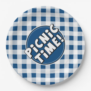 Pícnic en Plato de Papel Estampado de Cuadros Azul