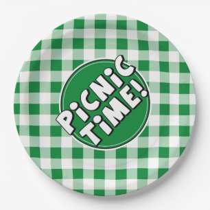 Pícnic en Plato de Papel Patrón de Gingham Verde