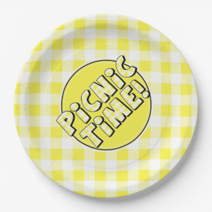 Pícnic en plato de papel tiempo gingham amarillo