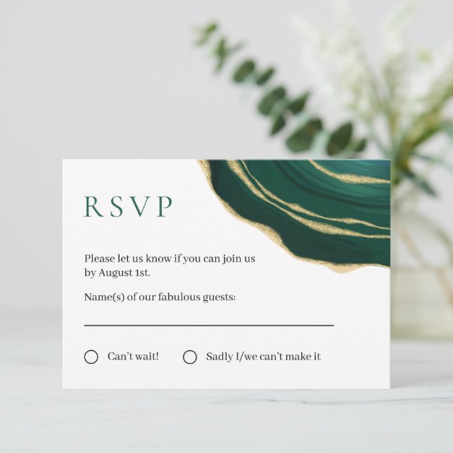 Piedra gemela verde esmeralda con tarjeta RSVP dor (Anverso de pie)