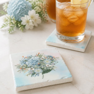 Piedra Posavasos cuadrado de hortensia azul acuarela