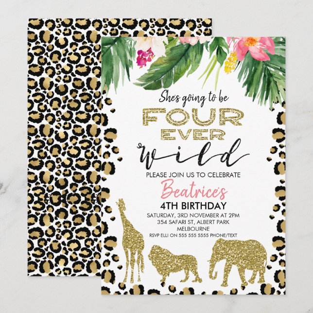 Piel Cheetah Cuatro Invitaciones De Cumpleaños Sal (Anverso / Reverso)