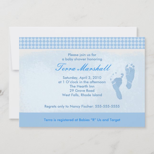 Pies de bebé azul Baby Shower Tamaño de invitación (Anverso)