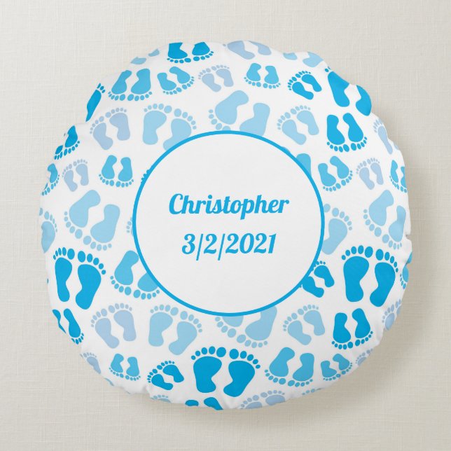 Pies de bebé azul personalizados Almohada redonda (Anverso)
