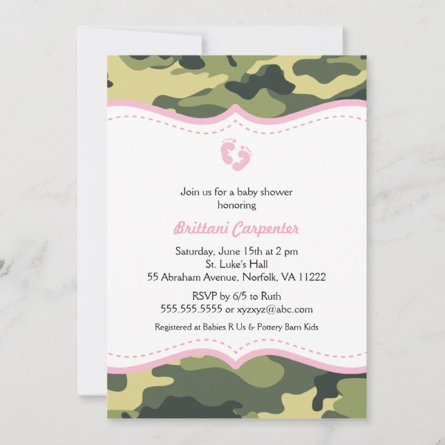 Pies de invitación Baby Shower para Chica de Camo  (Anverso)
