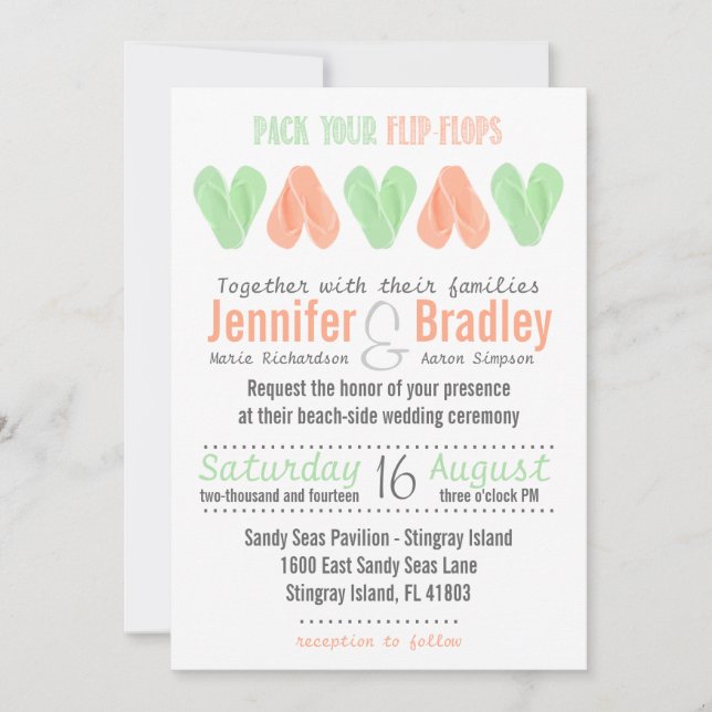 Pieza de Invitación de Boda Flip Flop de Playa (Anverso)