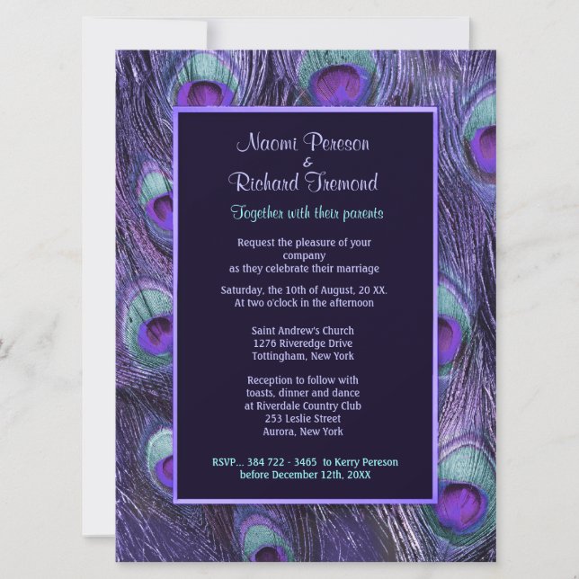 Pieza de pavo real morado de 6,5" x 8 Invitación a (Anverso)