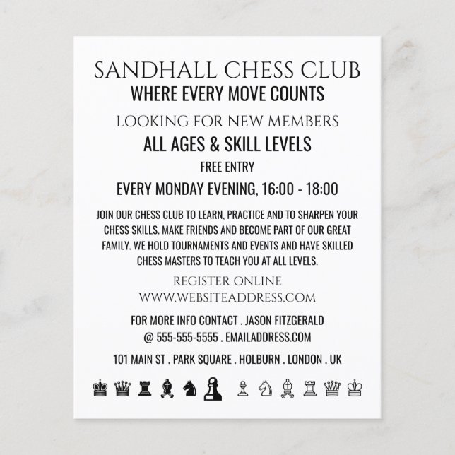 Piezas de ajedrez, volante publicitario de club de (Frente)