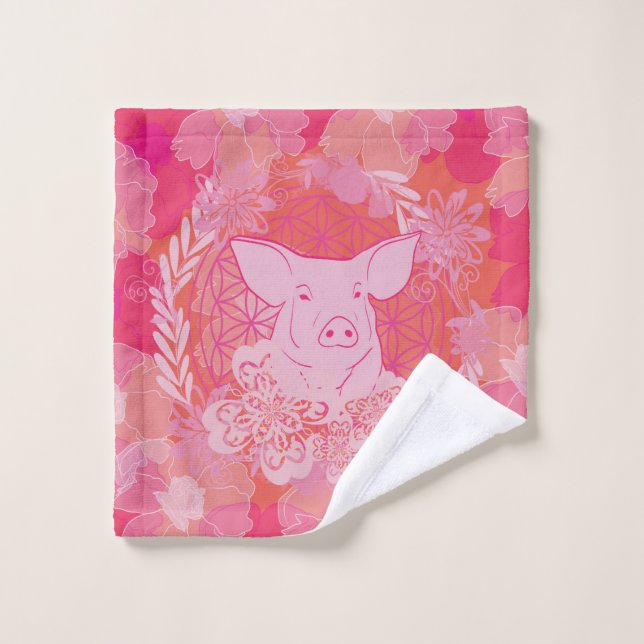 pig,flower of life, blue, mandala,zen,chakra,patt (Toallita)