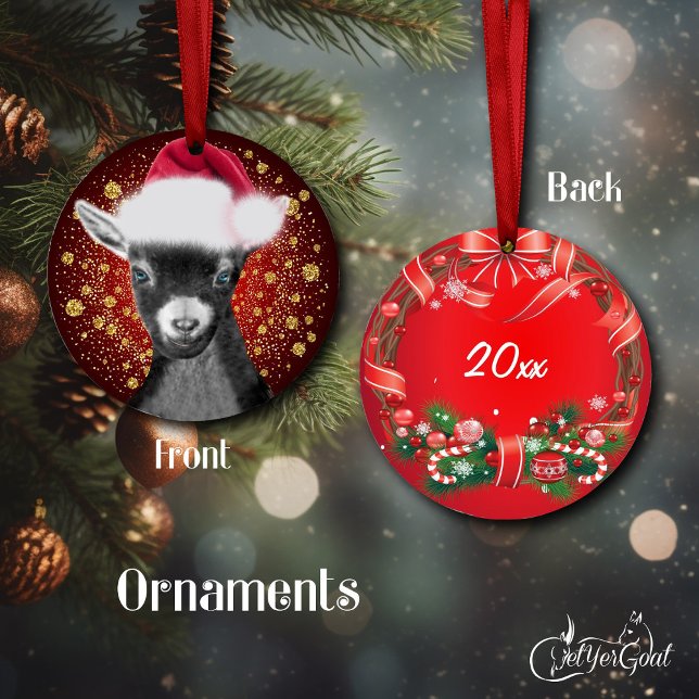 Pigmy Goat Santa Hat Ornamento de Navidad (Oil portrait of my pygmy goat Spunky , Santa hat and gold snowflakes - dated on back #zazzlemade)