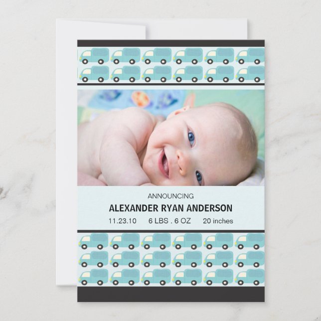 ¡Piiii! Camiones Azules Anuncio de Nacimiento Niño (Anverso)