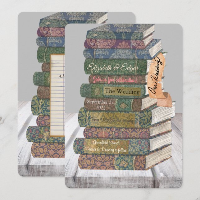 Pila de libros de época Invitaciones de boda pinta (Anverso / Reverso)