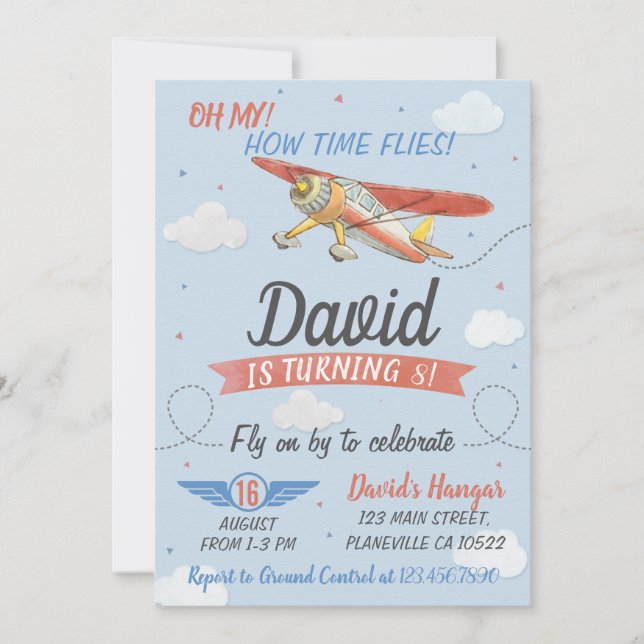 Piloto de acuarela e invitación de cumpleaños al a (Anverso)