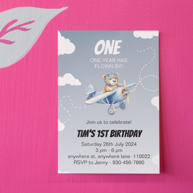 Piloto de Oso de Avión Cute Invitación a Cumpleaño (cute airplane 1st birthday card)