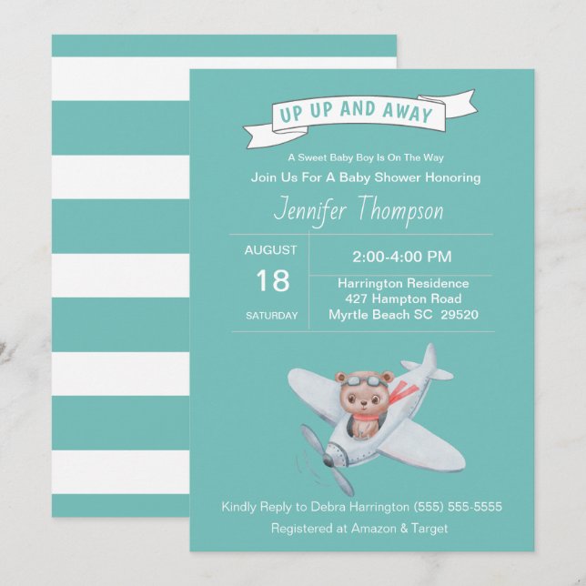 Piloto de oso e invitación Baby Shower al avión (Anverso / Reverso)