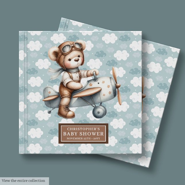 Piloto piloto de libros para invitados de Baby Sho (Blue Brown Baby Shower Guest Book Teddy Bear Pilot)
