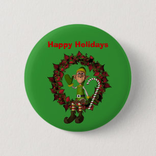 Pin botón de vacaciones de Elf On Wreath Navidades